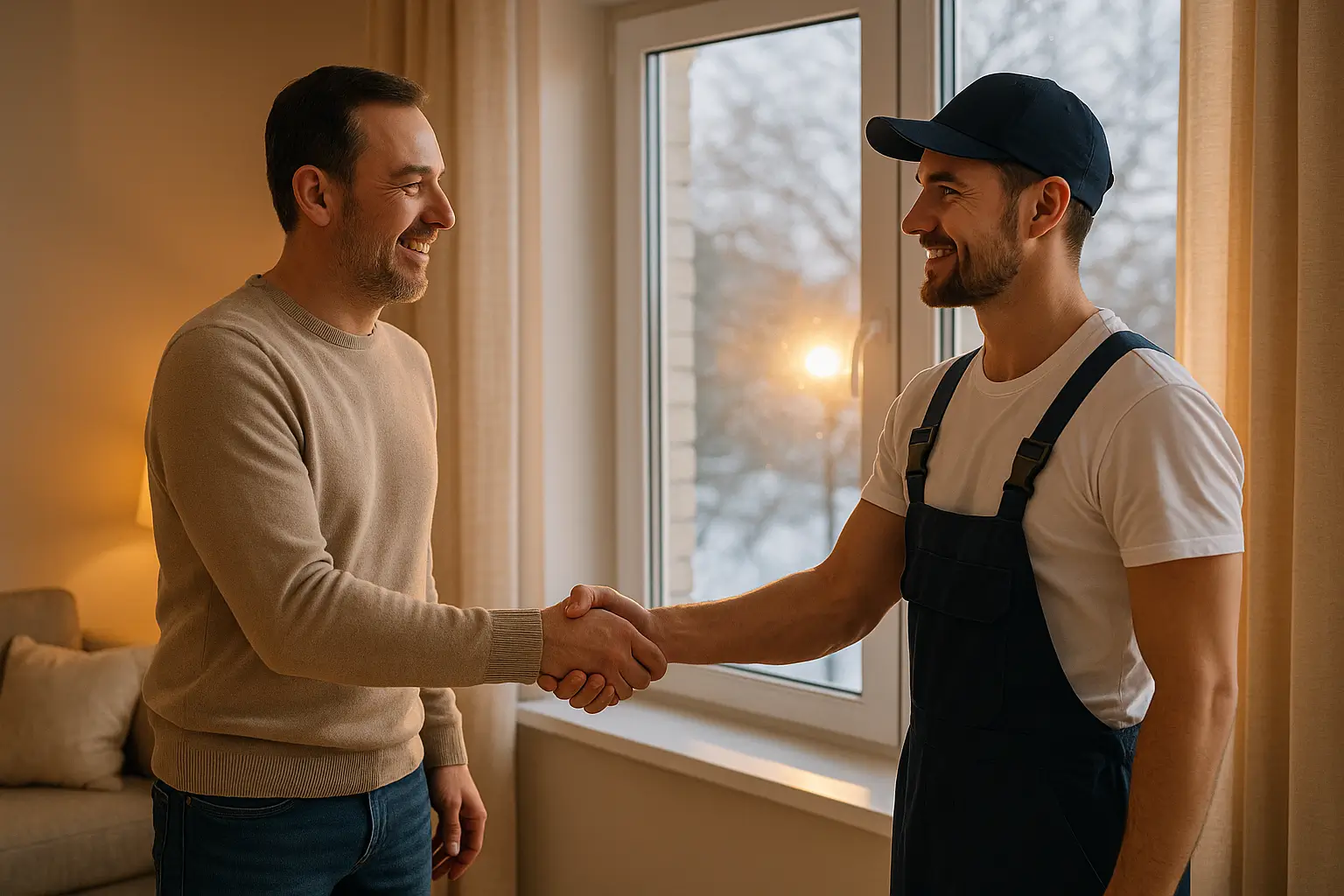 клиент благодарит установщика у окна