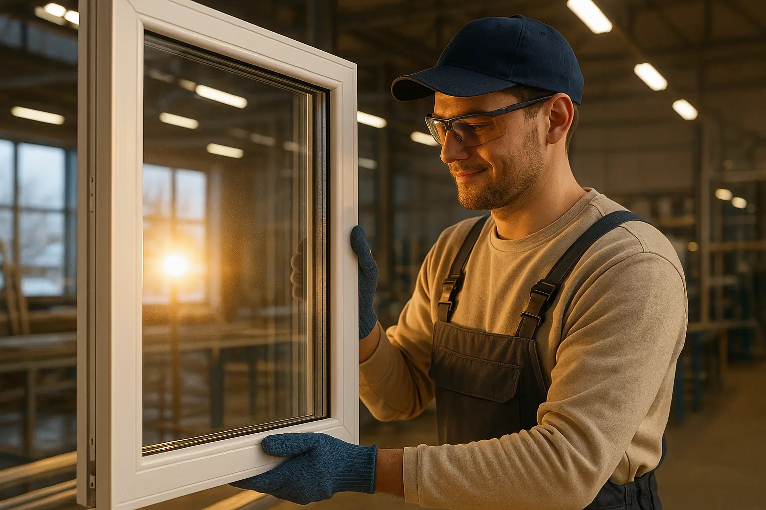 рабочий вставляет стеклопакет в оконную раму