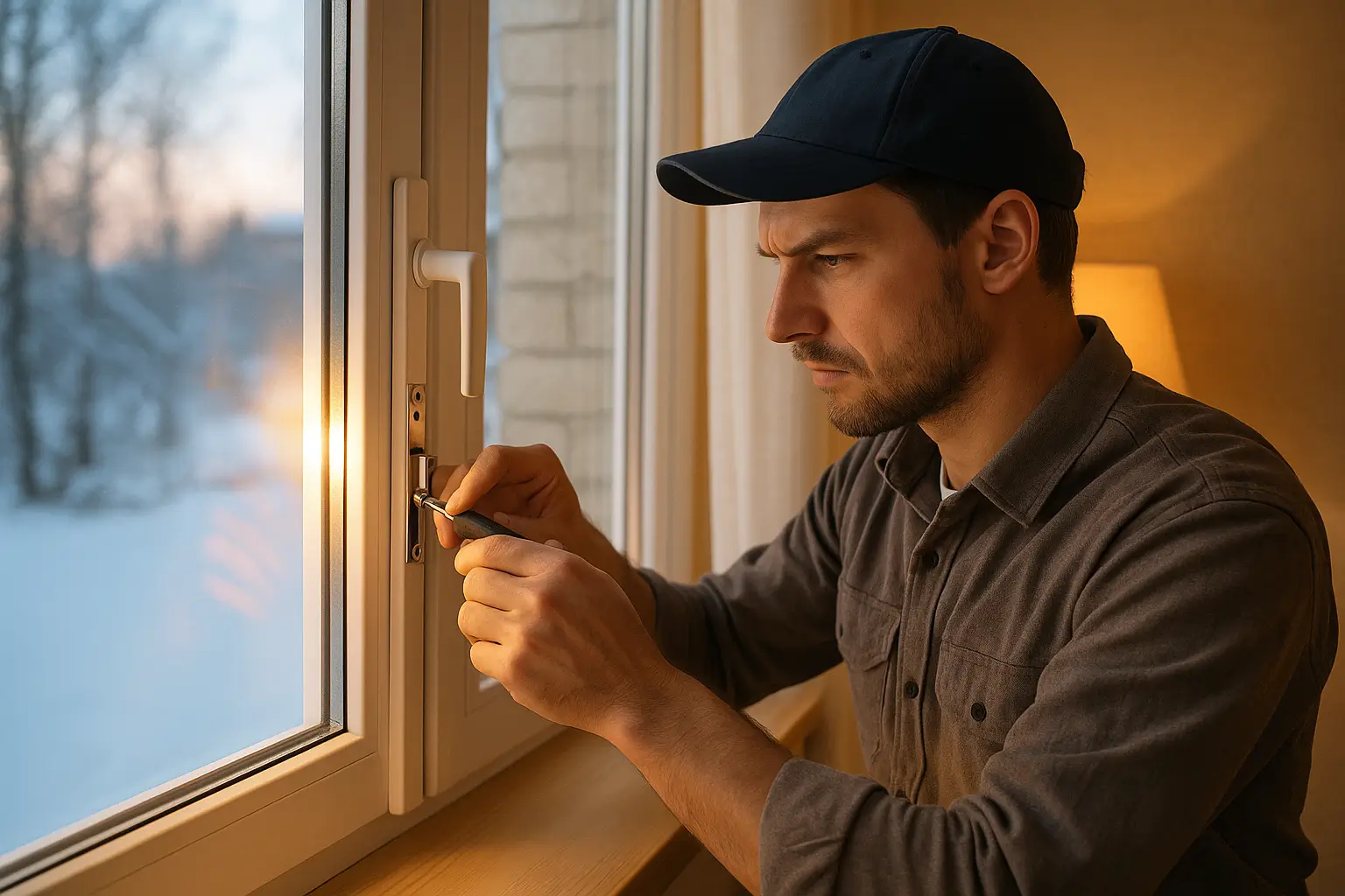 рабочий проверяет фурнитуру оконного механизма