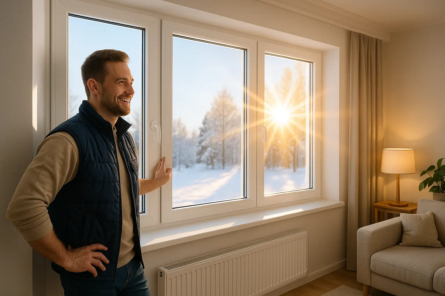 солнечный свет через новое пластиковое окно в комнате