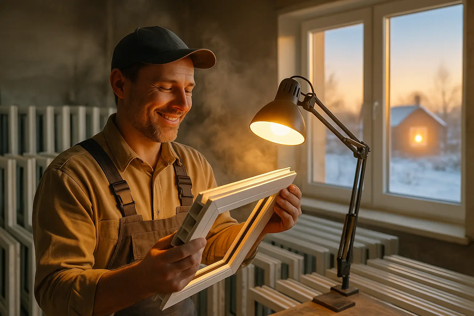 мастер проверяет пластиковый профиль на заводе под лампой