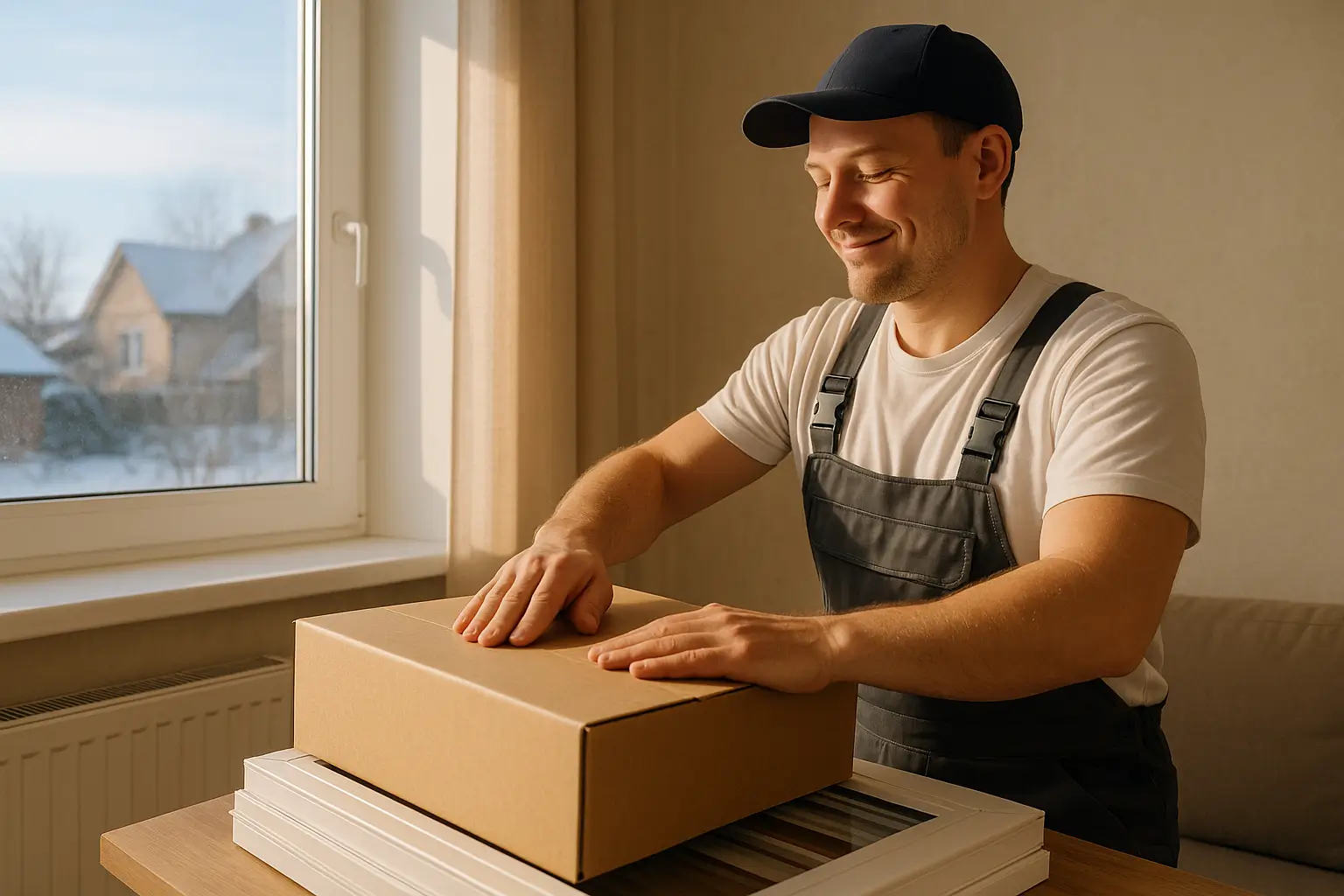 рабочий закрывает коробку с оконными рамами на заводе