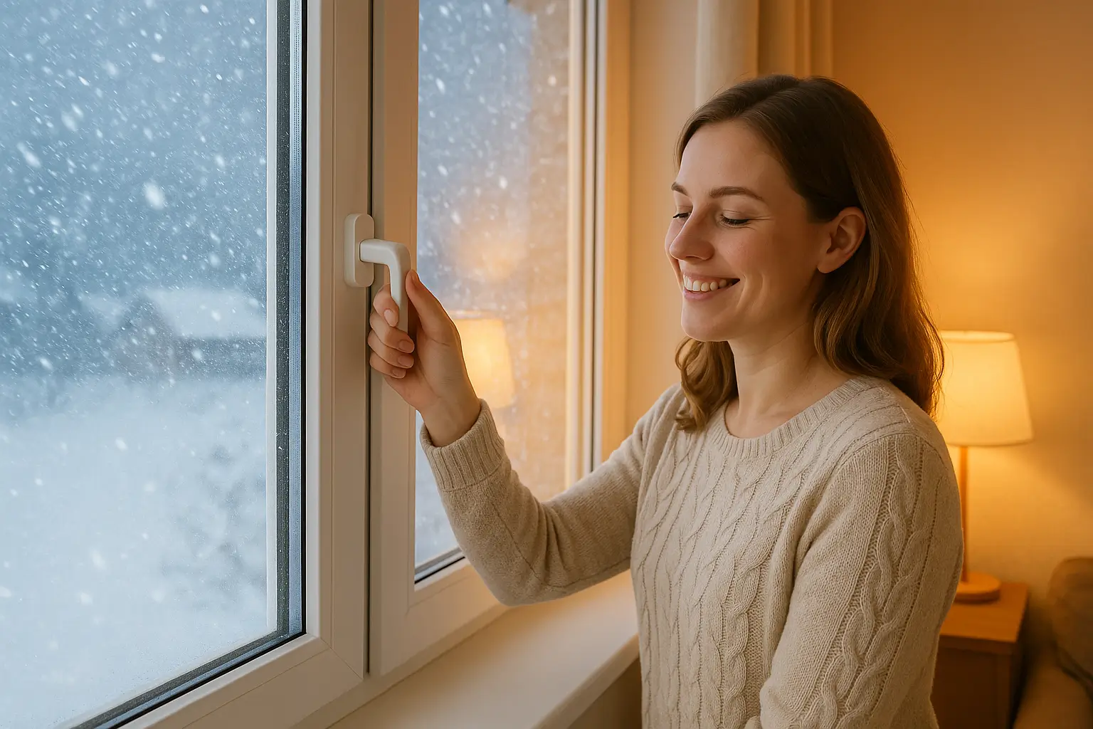 женщина закрывает окно на защёлку в зимний день