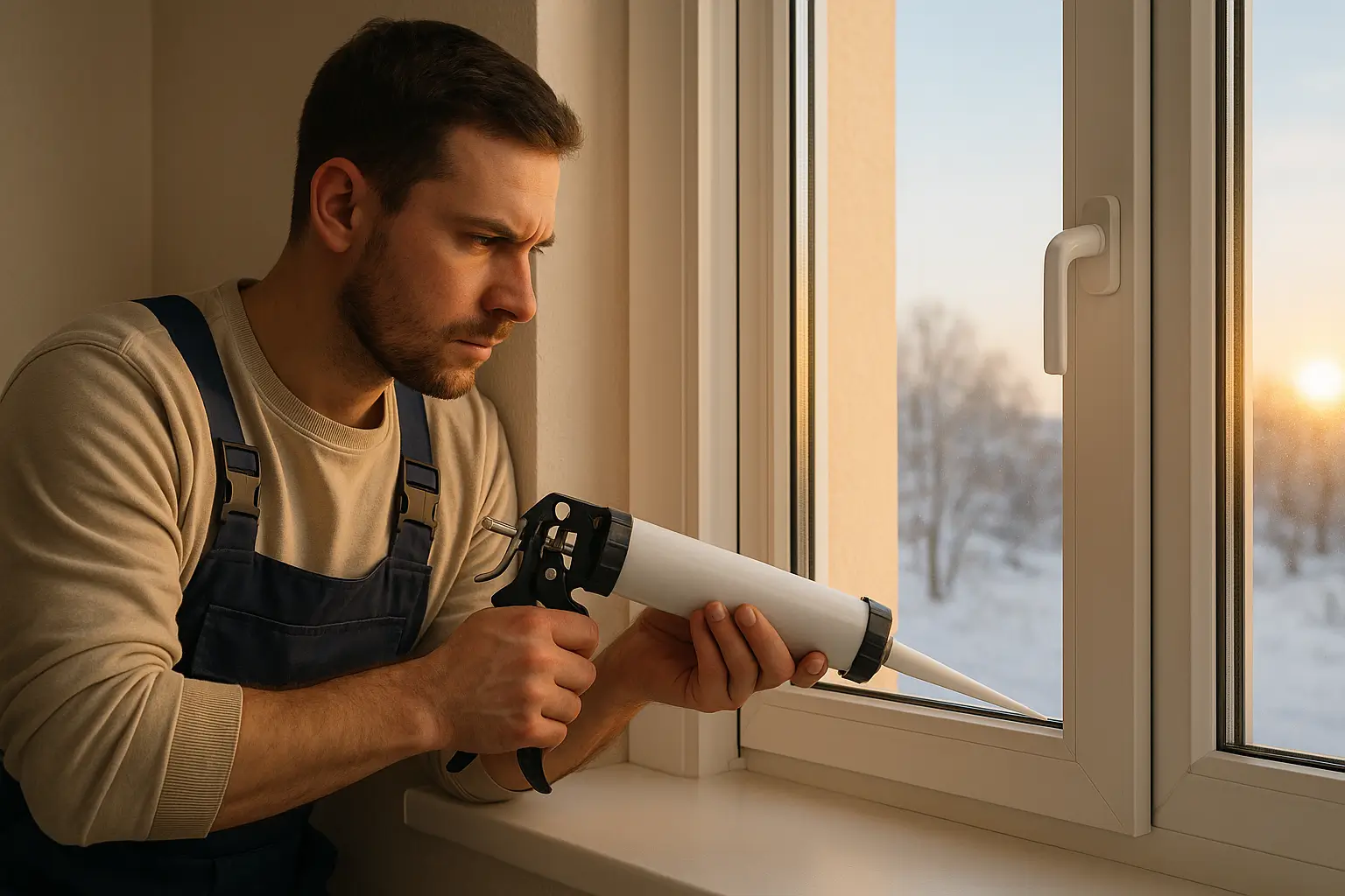 мастер наносит герметик на оконную раму