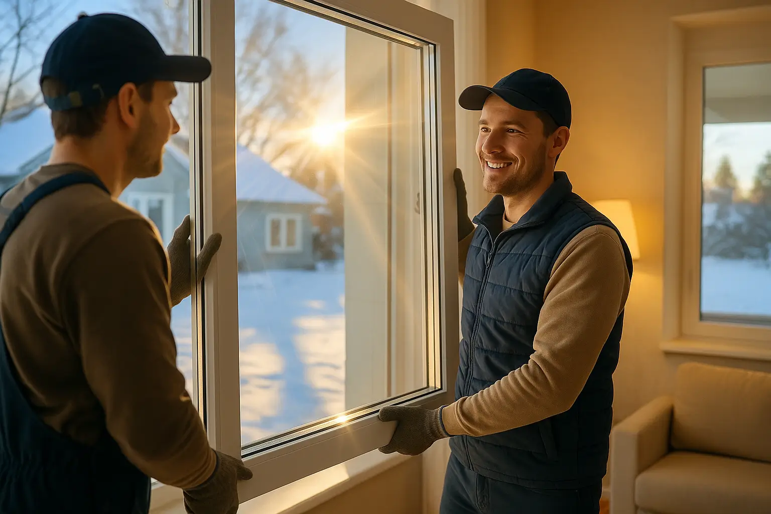 рабочие переносят стеклопакет на заводе окон