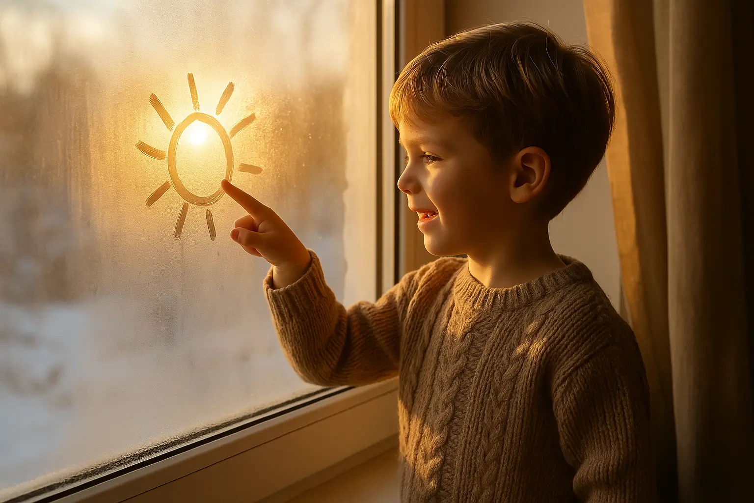 ребёнок рисует солнце на запотевшем окне