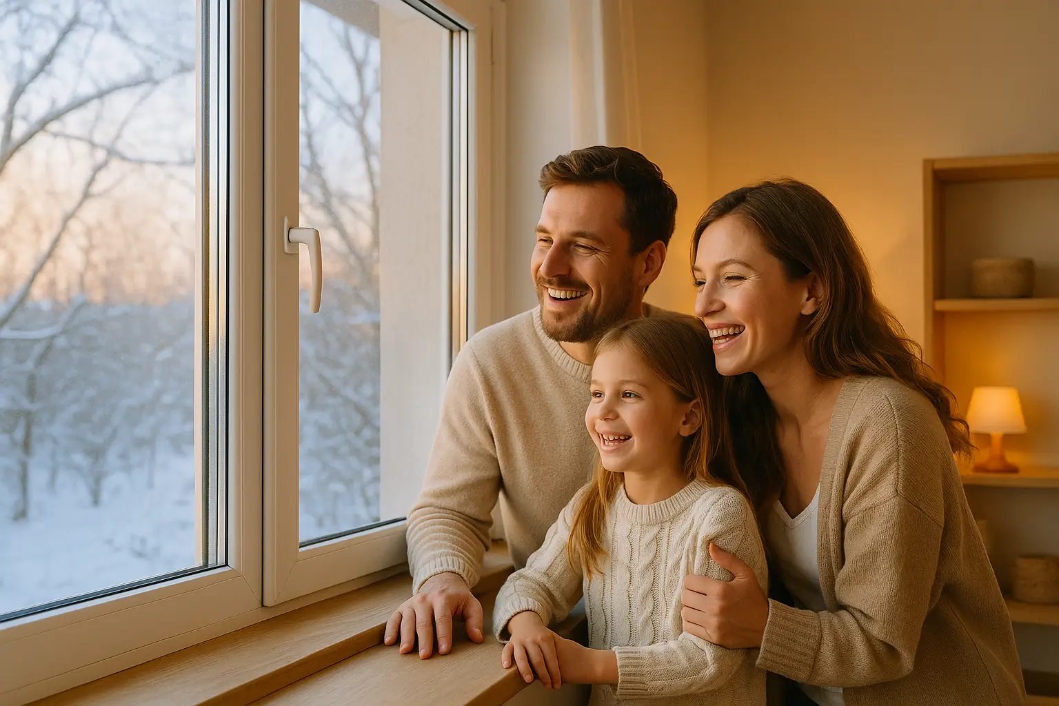 семья любуется новыми пластиковыми окнами в зимний день