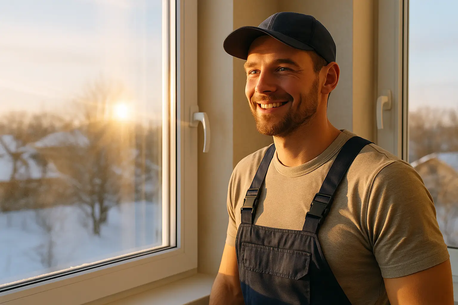 монтажник улыбается у окна с солнечным светом