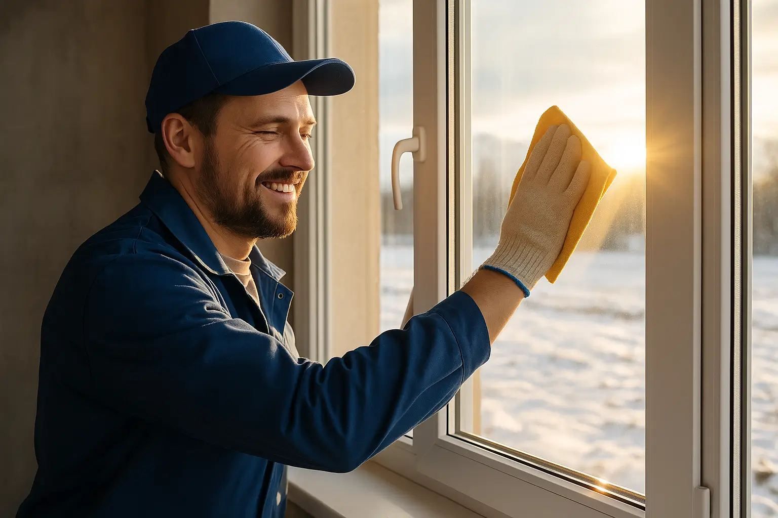 рабочий протирает стеклопакет перед установкой в солнечном свете